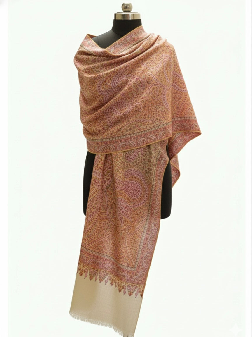 Aira Sozni Jamawar – Hand-Embroidered Rose & Gold Kashmiri Shawl