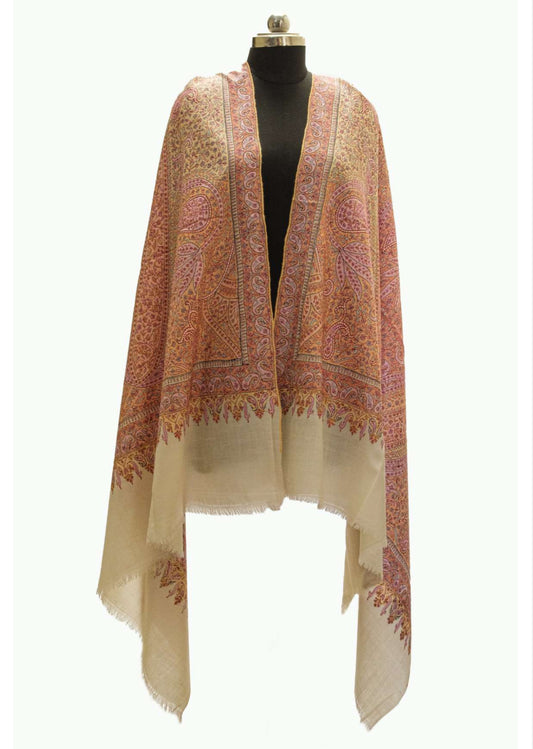 Aira Sozni Jamawar – Hand-Embroidered Rose & Gold Kashmiri Shawl